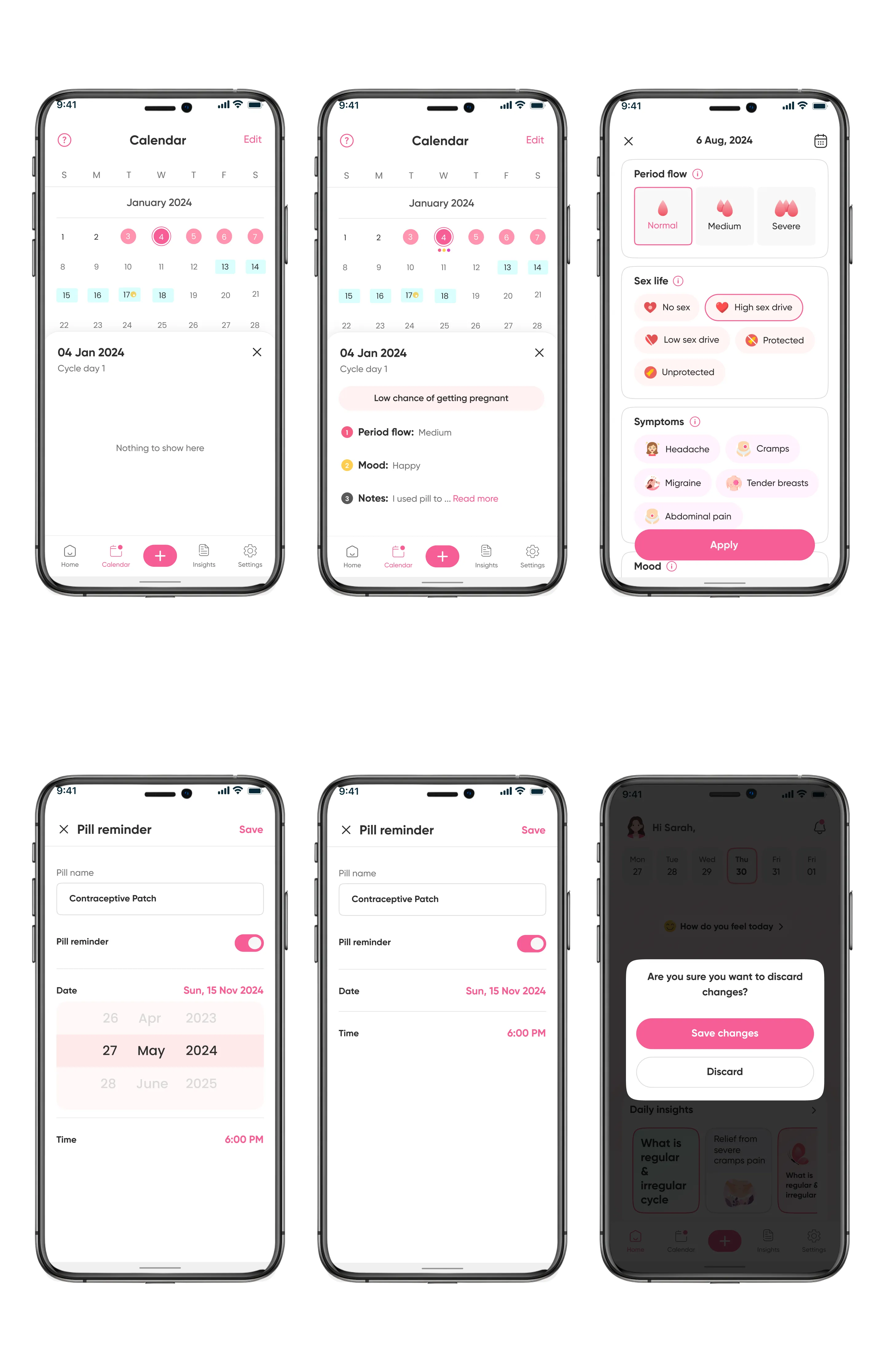 Calendar screen with cycle overview and reminder settings in light mode