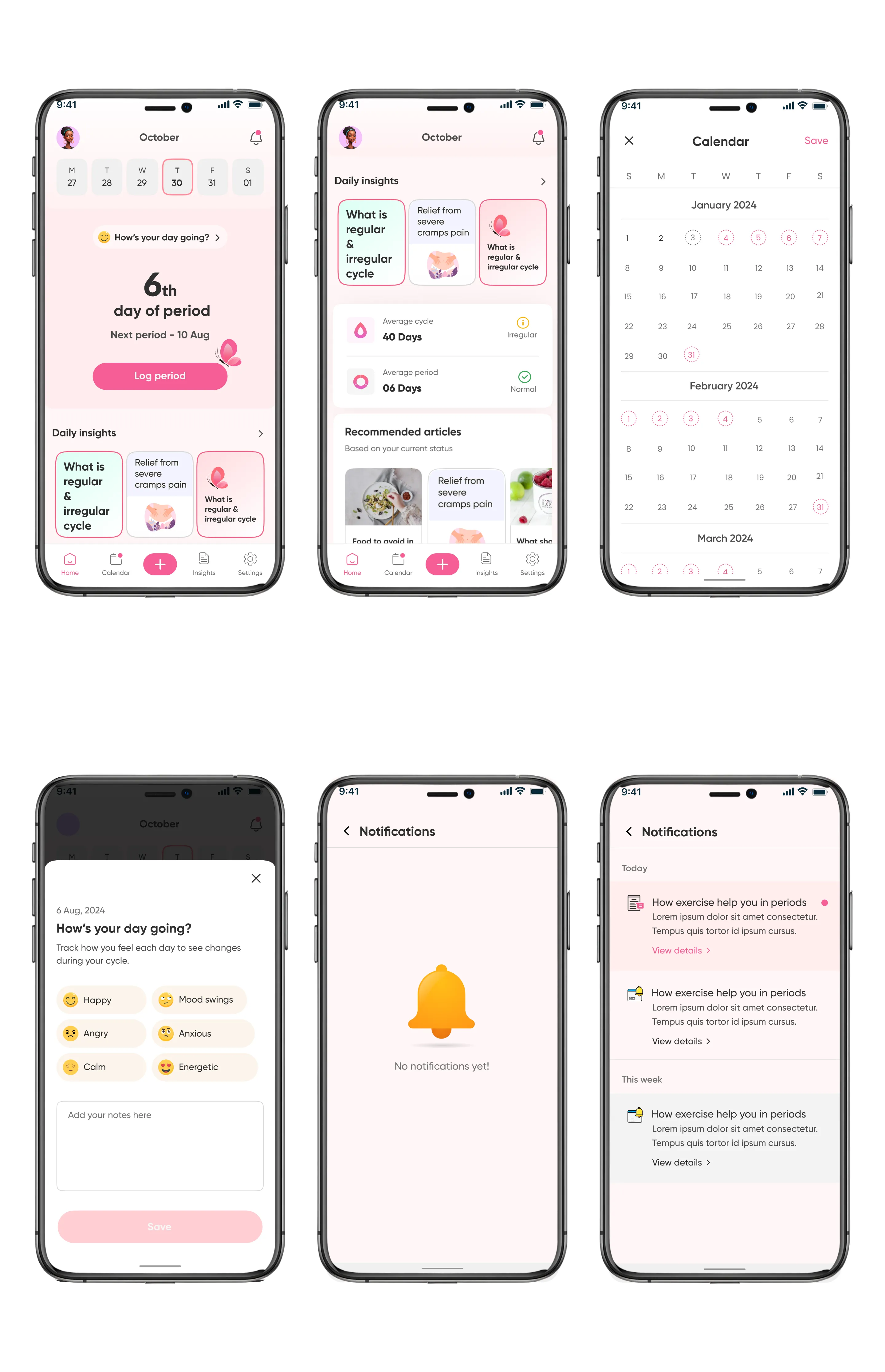 Dashboard screen with cycle tracking and habit insights in light mode