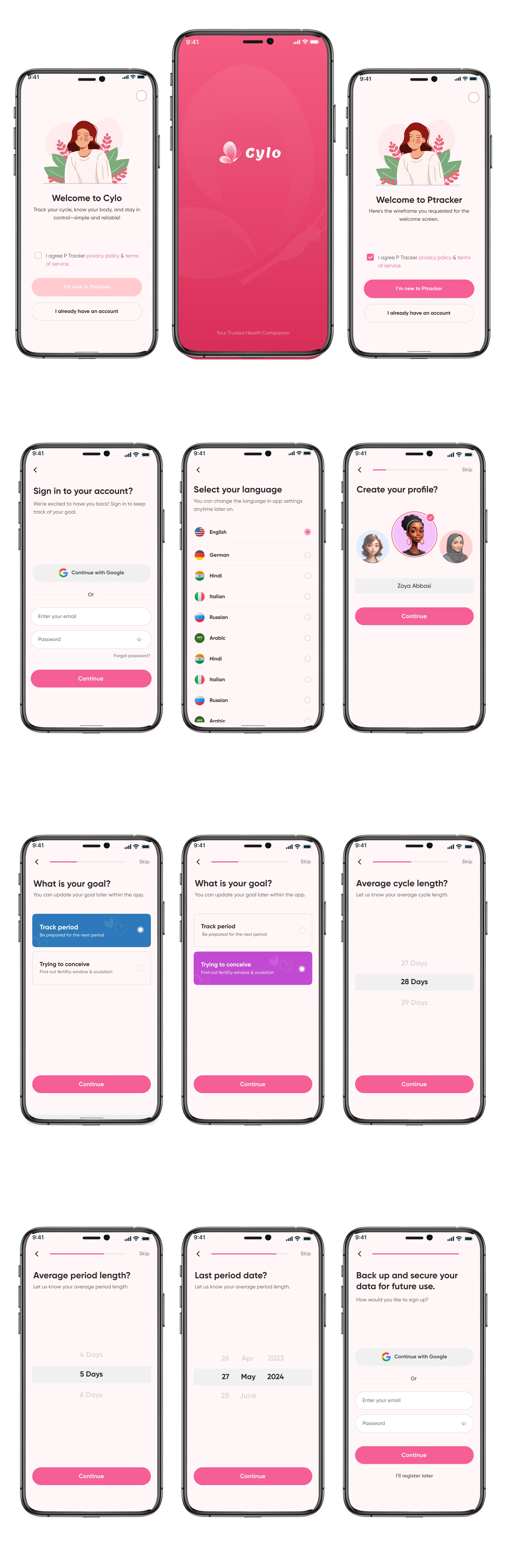 Onboarding screen with cycle tracking and habit selection in light mode